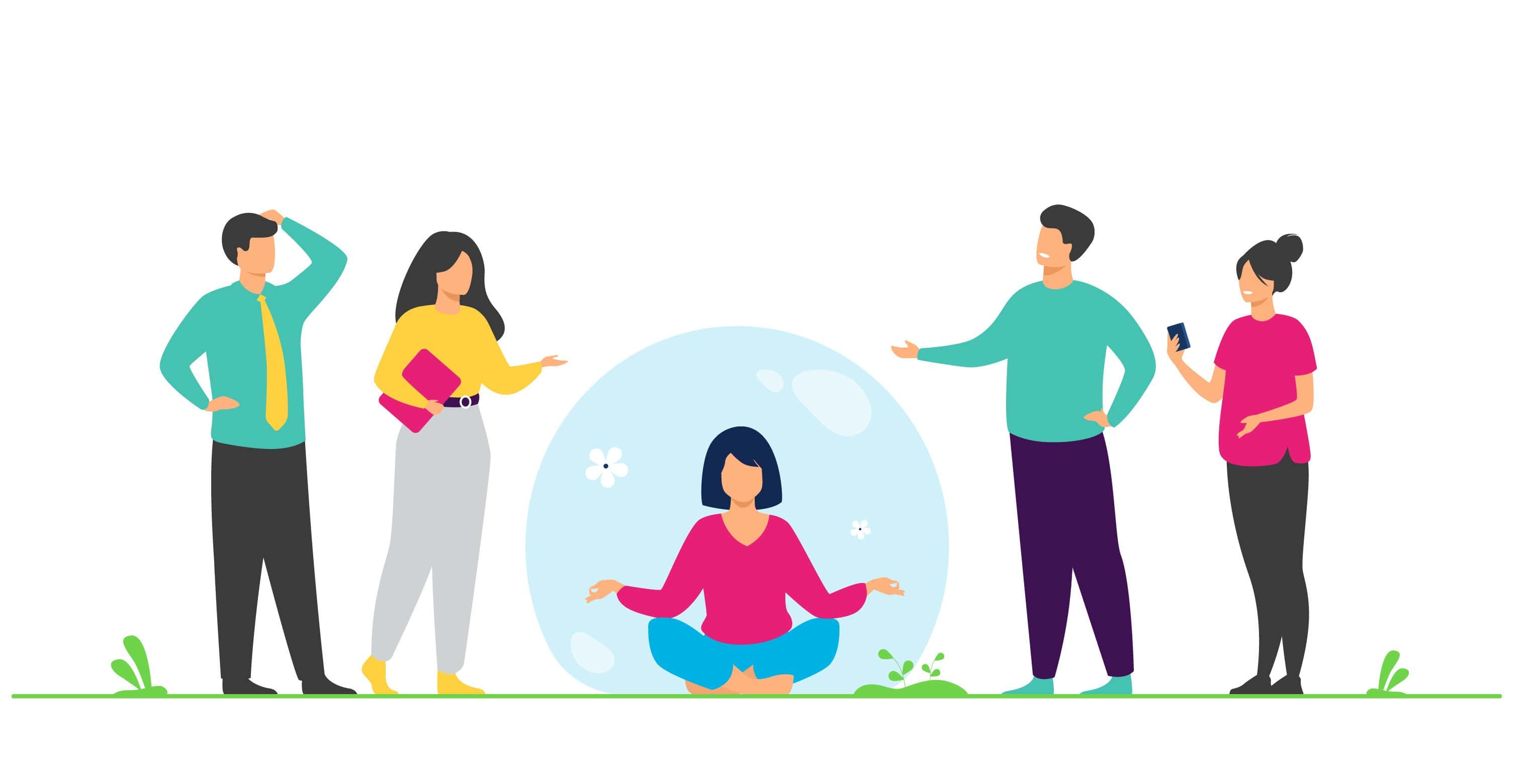 femme dans une bulle entourée de gens